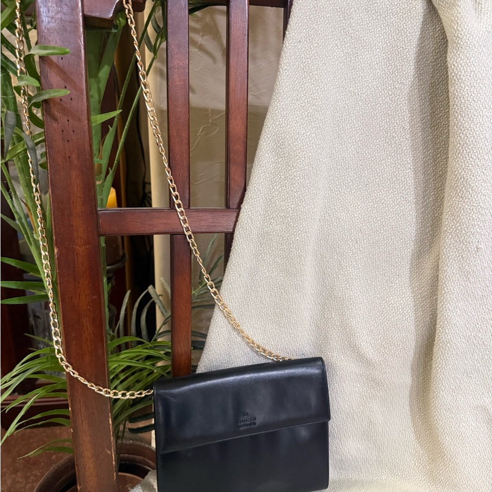 Gucci Black Leather Clutch with After Market Gold Chain